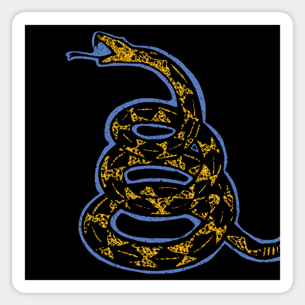 Distressed Denim Blue and Banana Yellow 80s Retro Gadsden Snake on Maroon Default background Sticker by pelagio